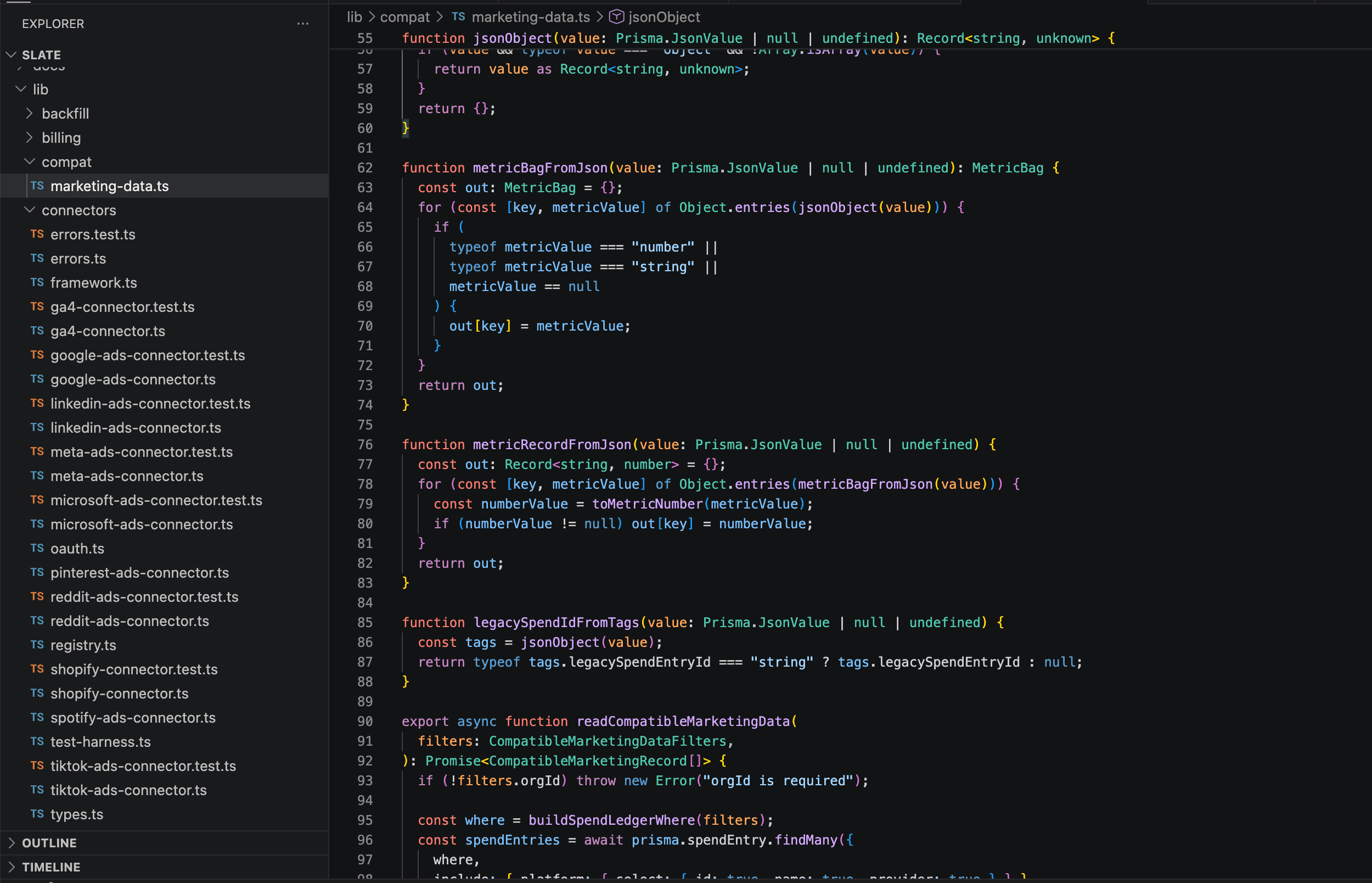 Slate TypeScript connector code for compatible marketing data