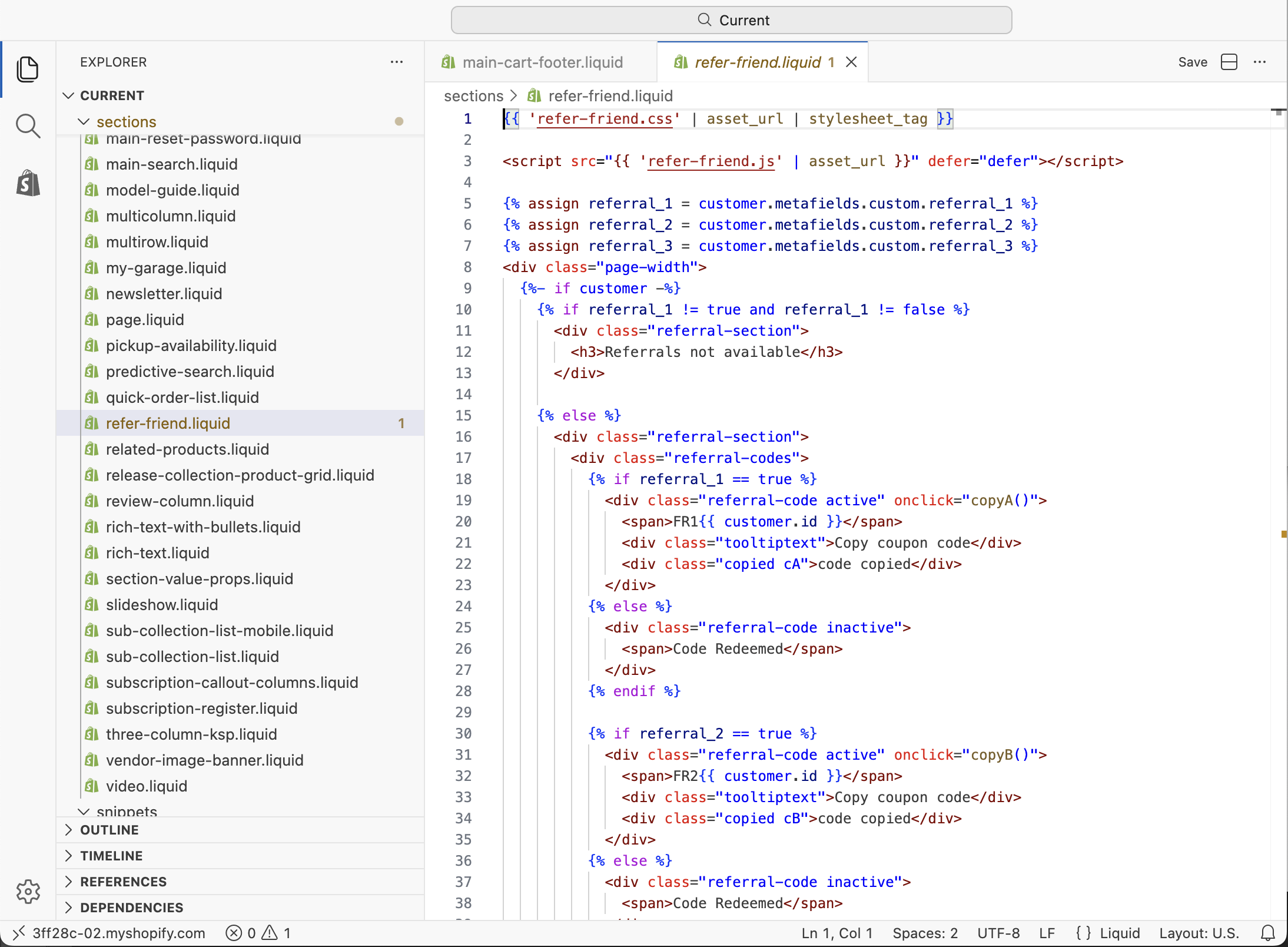 Tiny Torque Shopify Liquid editor showing a custom referral section